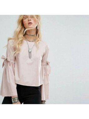 Free People So Obviously Yours Mauve Pink Poplin Bell Sleeve Blouse Tie Size M